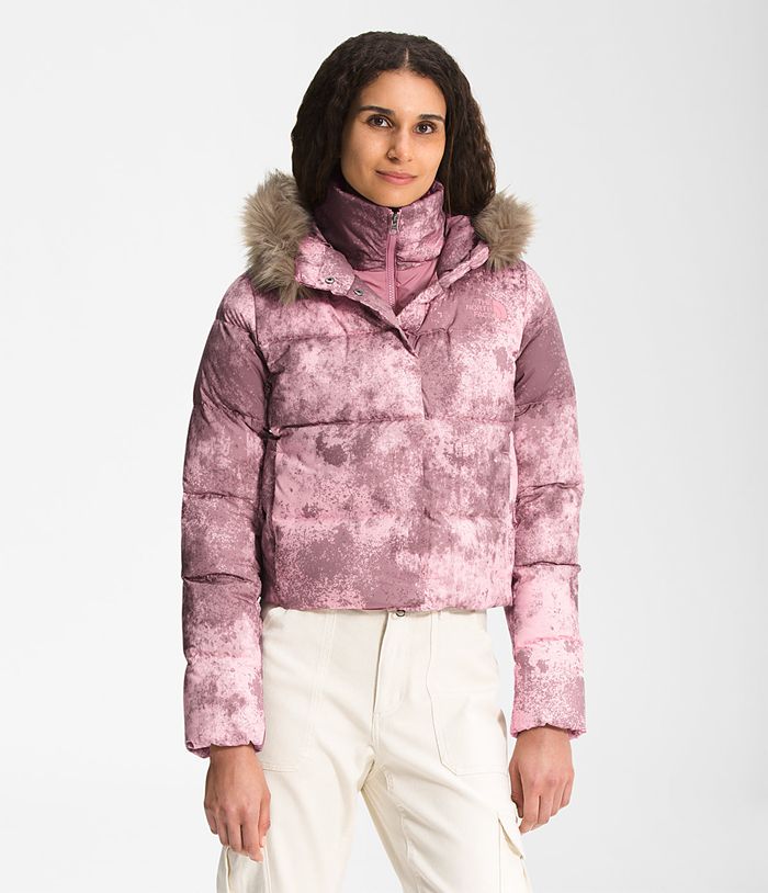 The North Face Womens Puffer Jacket Printed New Dealio Short 513YQRFXK - Lavender